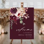 Välkomstsignatur för Möhippan Romantik Burgundy Poster<br><div class="desc">Möhippans välkomsttecken har en vattenfärgad blombukett av dahlier,  trädgårdsodling ro och peony i burgundrött,  maron,   rosa över höst löv. Om du vill ha en mer avancerad anpassning av den här designen klickar du på BLUE DESIGN VERKTYG. Matchande objekt är också tillgängliga.</div>
