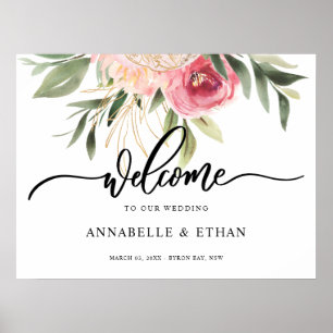 Välkomstsignatur för Peony och Gold Foil Bloom Poster
