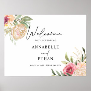 Välkomstsignatur för Peony och Gold Foil Bloom Poster