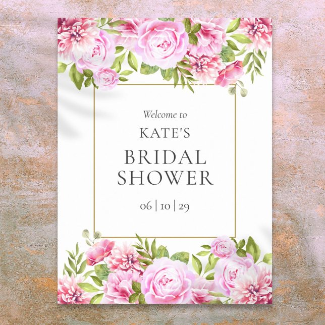 Välkomstsignatur för rosa ros Blommigt Möhippa Poster (Pink Roses Floral Bridal Shower Welcome Sign)