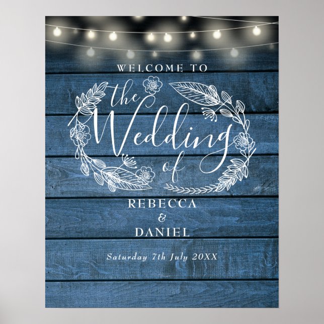 Välkomstsignatur för Rustic Blue String Ljus Bröll Poster (Framsidan)