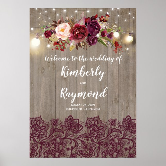 Välkomstsignatur för Rustic Burgundy Blommigt Bröl Poster (Framsidan)
