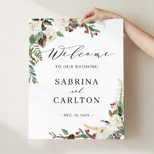 Välkomstsignatur för Rustic Winter Blommigt Bröllo Poster