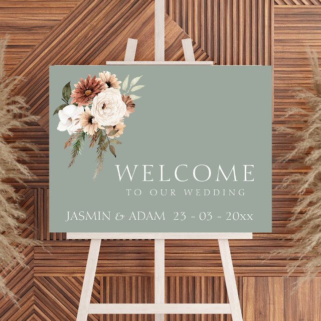 Välkomstsignatur för Rustik Grönt Peach Blommigt B Poster (Rustic Green Peach Floral Wedding Welcome Sign)