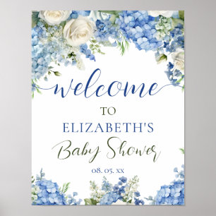 Välkomstskript för Blue Hydrangea Vit ros Blommigt Poster