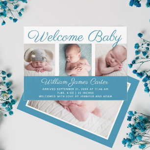 Välkomstskript för Pojke Blue Photo Cursive Birth Meddelande
