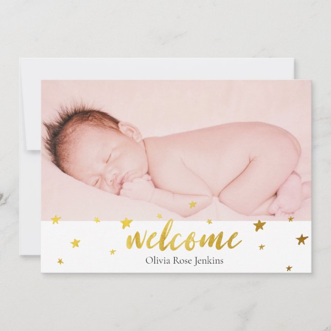 Välkomstskript Guldstjärnor Foto Babyflicka Födels Meddelande (Framsida)