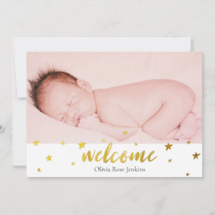 Välkomstskript Guldstjärnor Foto Babyflicka Födels Meddelande