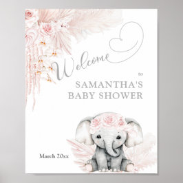 Välkomstskum för Elephant Rosa Flower Boho Baby Sh Poster