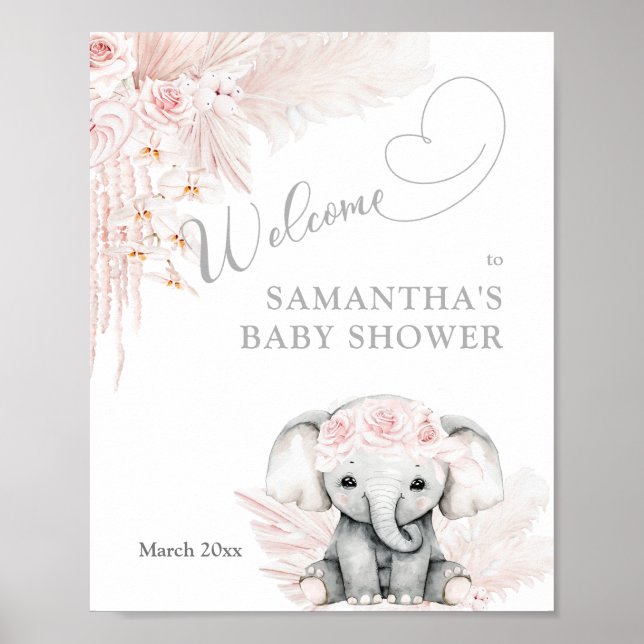 Välkomstskum för Elephant Rosa Flower Boho Baby Sh Poster (Framsidan)