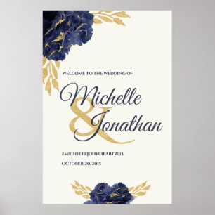 Välkomstskylt 24x36 för Navy Blue Guld Blommigt Br Poster