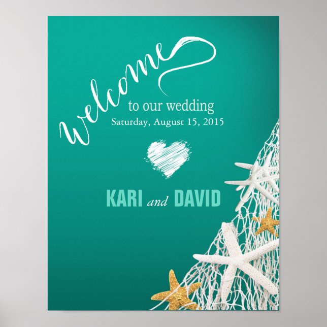 Välkomstskylt aqua Starfish Netting Beach Wedding Poster (Framsidan)