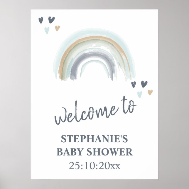 Välkomstskylt Baby Shower Blå Boho Regnbåge  Poster (Framsidan)