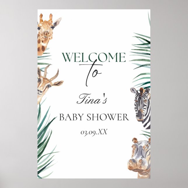 Välkomstskylt Baby Shower Safari Animals Poster (Framsidan)