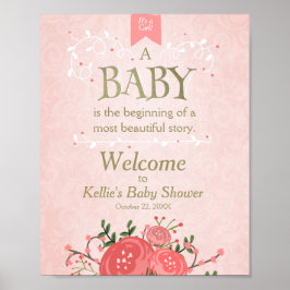 Välkomstskylt, babydusch, Rosa och Guld Blommigt Poster