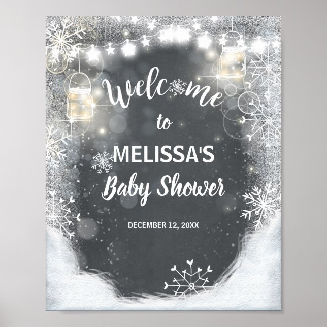 Välkomstskylt babydusch Winter Snöflingor Chalk Poster (Framsidan)