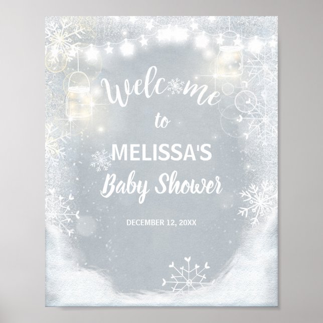 Välkomstskylt babydusch Winter Snöflingor Rustic Poster (Framsidan)