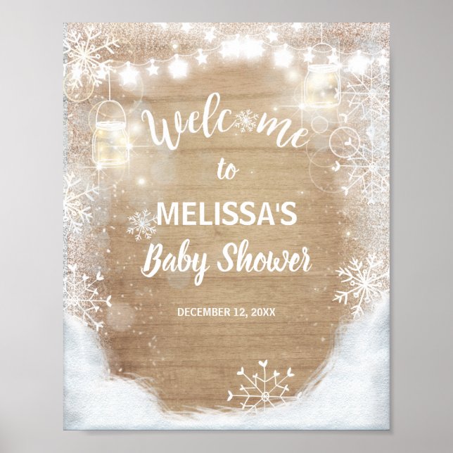Välkomstskylt babydusch Winter Snöflingor Wood Poster (Framsidan)