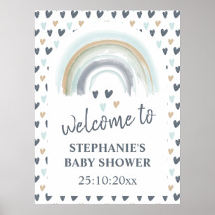 Välkomstskylt, babyvisning, blå boho-regnbåge poster