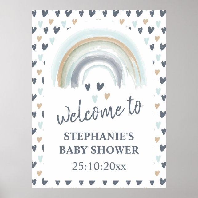 Välkomstskylt, babyvisning, blå boho-regnbåge poster (Framsidan)