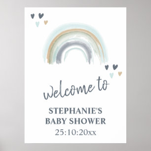 Välkomstskylt, babyvisning, blå boho-regnbåge poster