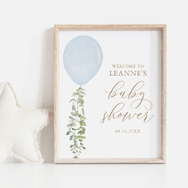 Välkomstskylt Blue Balloon Eucalyptus Baby Shower Poster