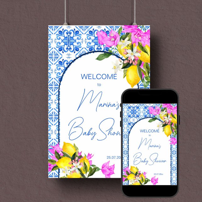 Välkomstskylt Blue Tiles Lemons Poster (Baby Shower welcome sign Blue Tiles Lemons editable template welcome sign poster digital download)