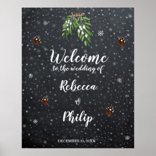 välkomstskylt bröllop under vinterjulkljulet snö poster
