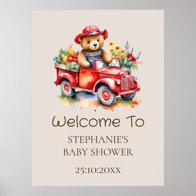 Välkomstskylt Cute Teddy Locally Grown Baby Shower Poster (Framsidan)
