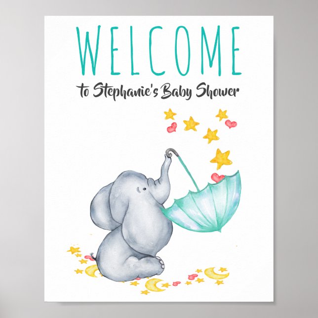 Välkomstskylt Elephant Måne och Stars Baby Shower Poster (Framsidan)