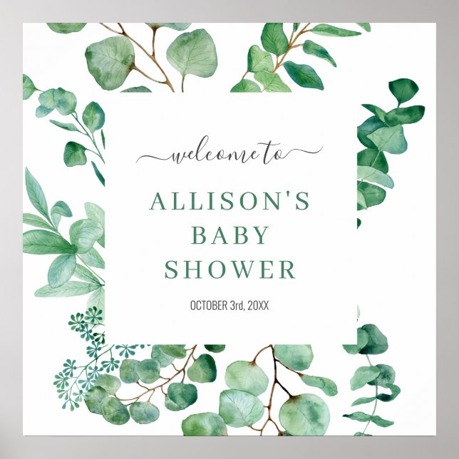 Välkomstskylt Eucalyptus Watercolor Greenery Baby Poster (Framsidan)