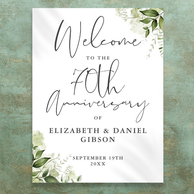 Välkomstskylt för 70-års bröllopsjubileum med grön poster (70th Wedding Anniversary Greenery Welcome Sign)