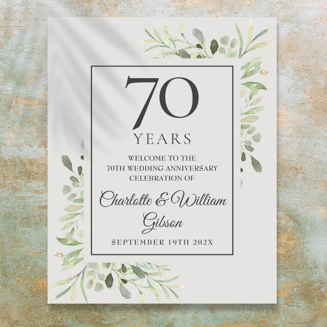 Välkomstskylt för 70-års bröllopsjubileum med grön poster (Greenery 70th Wedding Anniversary Welcome Sign)