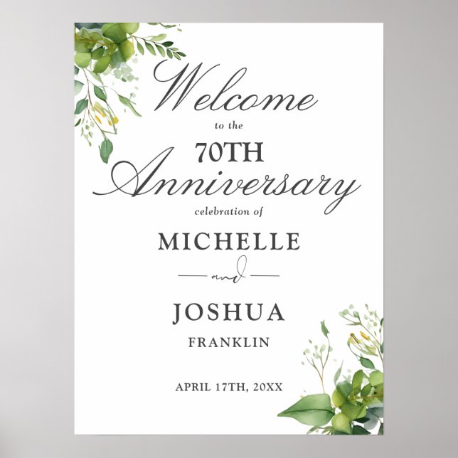 Välkomstskylt för 70-årsjubileum med grönska poster (Framsidan)