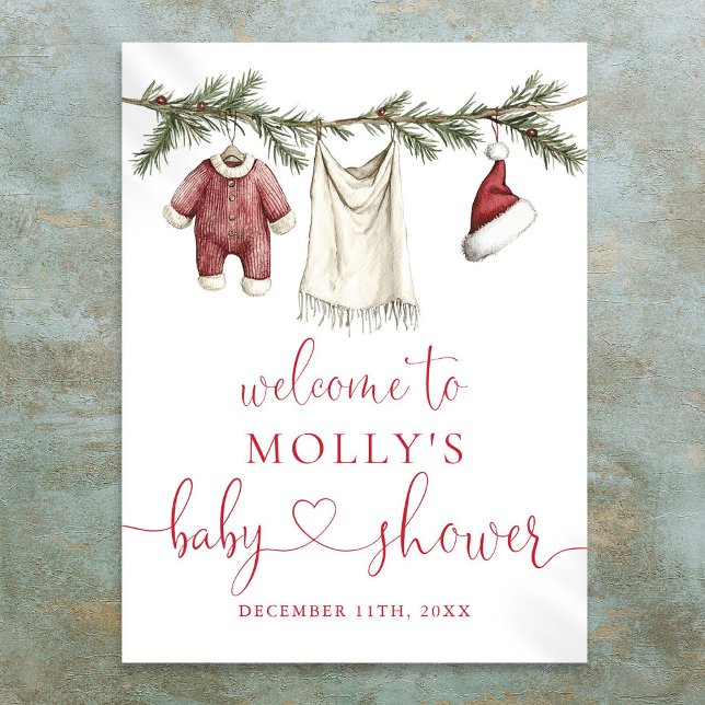 Välkomstskylt för Baby Clothesline Baby Shower Poster (Santa Baby Clothesline Baby Shower Welcome Sign)