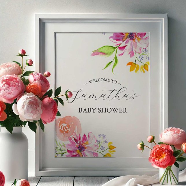 Välkomstskylt för Baby in Bloom – Rosa blommor Poster (Baby in Bloom baby shower themes features welcome sign watercolor flowers in pink)