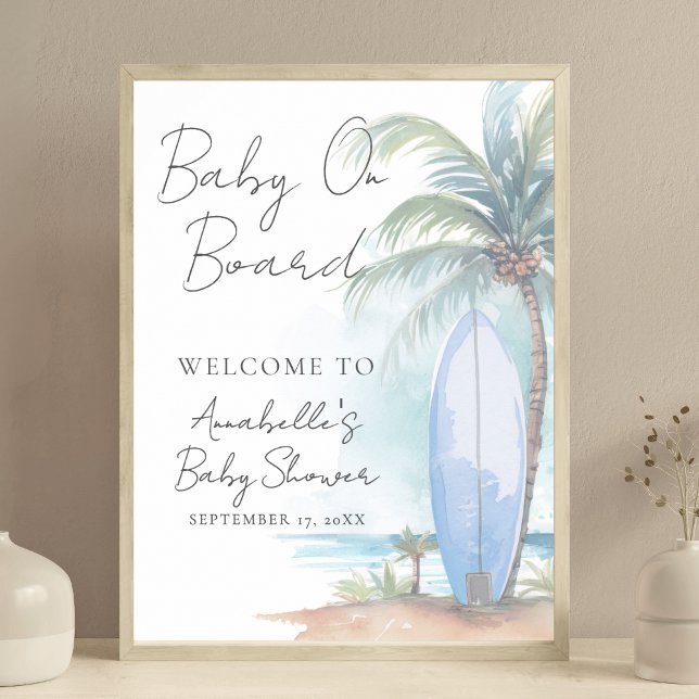Välkomstskylt för Baby ombord på boensknappen för  Poster (Baby On Board Beach Baby Shower Welcome Sign )