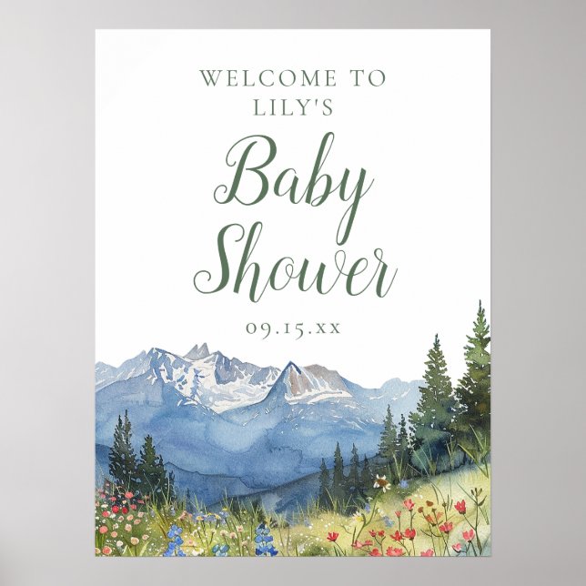 Välkomstskylt för baby shower med akvarellberg poster (Framsidan)