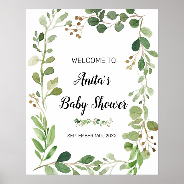 Välkomstskylt för baby shower med akvarellgrönska poster (Framsidan)