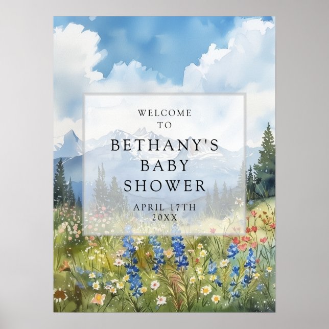 Välkomstskylt för baby shower med bergsblommor äng poster (Framsidan)