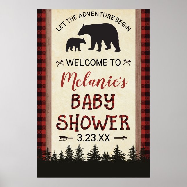Välkomstskylt för baby shower med björn som timmer poster (Framsidan)