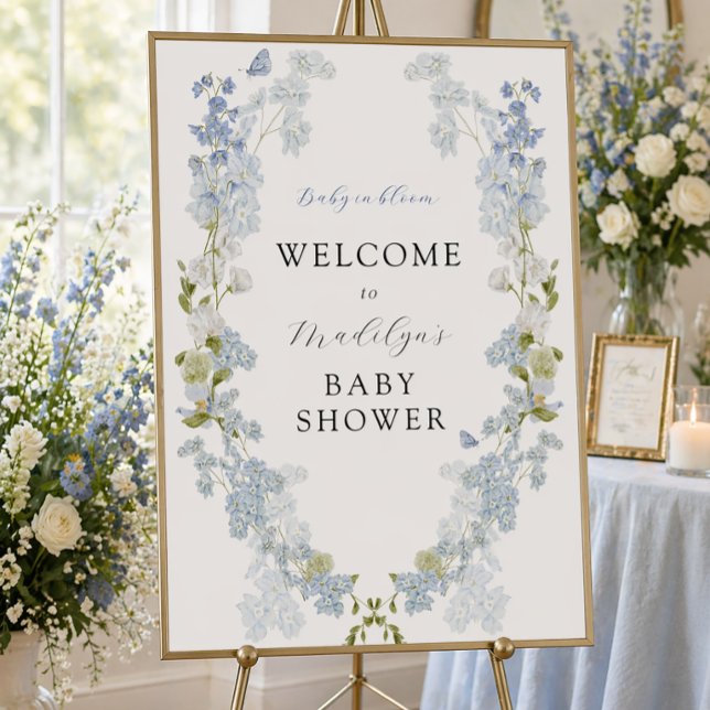 Välkomstskylt för baby shower med blå blommor och  poster (Skapare uppladdad)