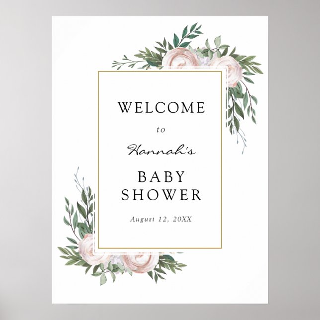Välkomstskylt för baby shower med eukalyptus och b poster (Framsidan)