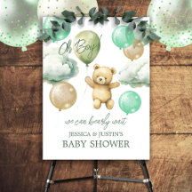 Välkomstskylt för baby shower med grön ballong och