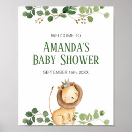 Välkomstskylt för baby shower med grönska och lejo poster