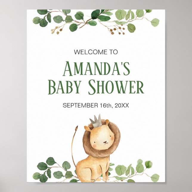 Välkomstskylt för baby shower med grönska och lejo poster (Framsidan)