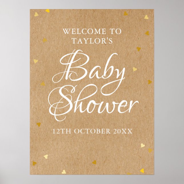 Välkomstskylt för baby shower med guld hjärtan poster (Framsidan)