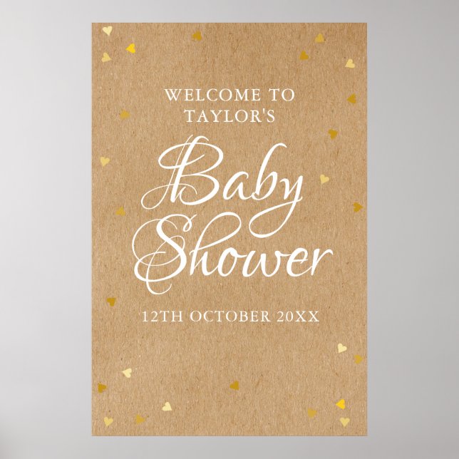 Välkomstskylt för baby shower med guld hjärtan poster (Framsidan)