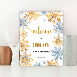 Välkomstskylt för baby shower med guld snöflingor poster