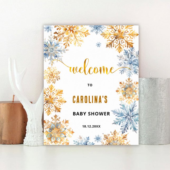 Välkomstskylt för baby shower med guld snöflingor poster (Skapare uppladdad)